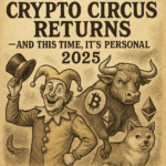 A satirical commentary on the 2025 crypto bull market featuring Ethereum, Bitcoin, meme tokens, and Web3 speculation